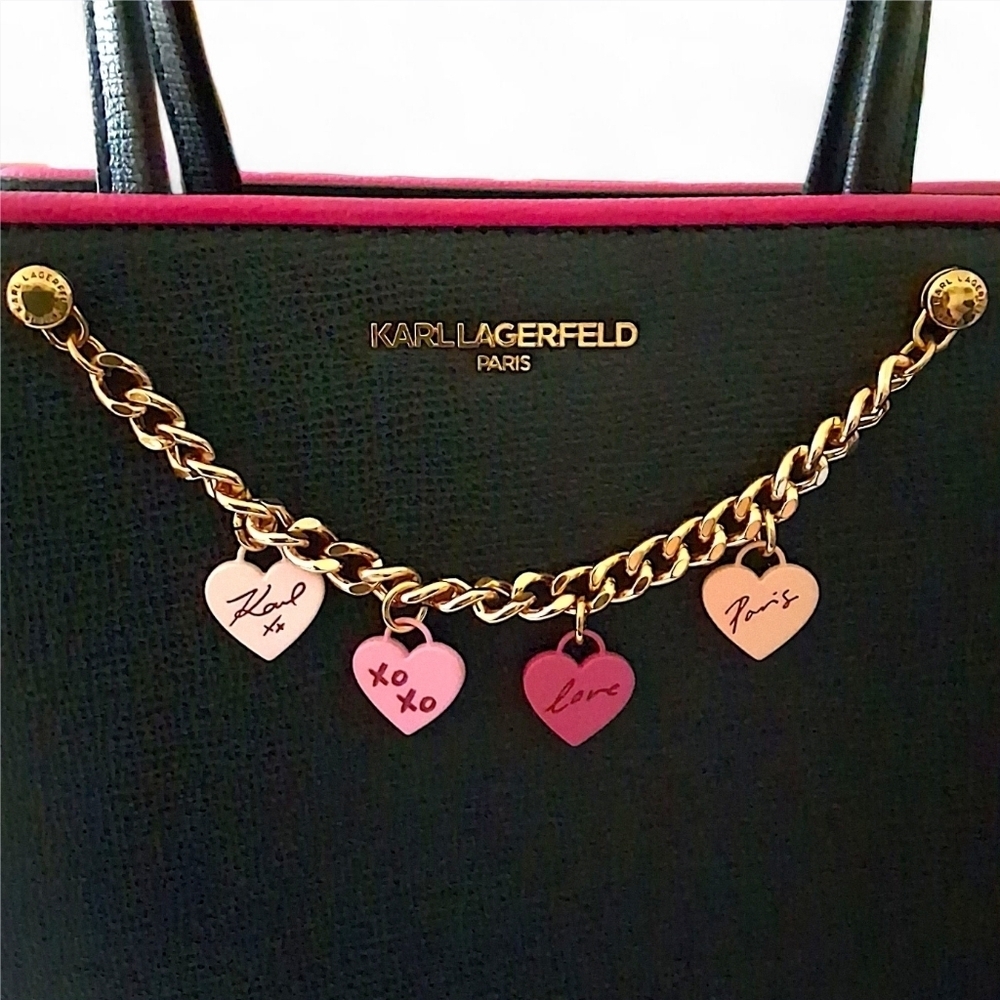 Karl Lagerfeld Paris Signature Hearts Satchel Crossbody โ Black/Fuchsia - Picture 2 of 15